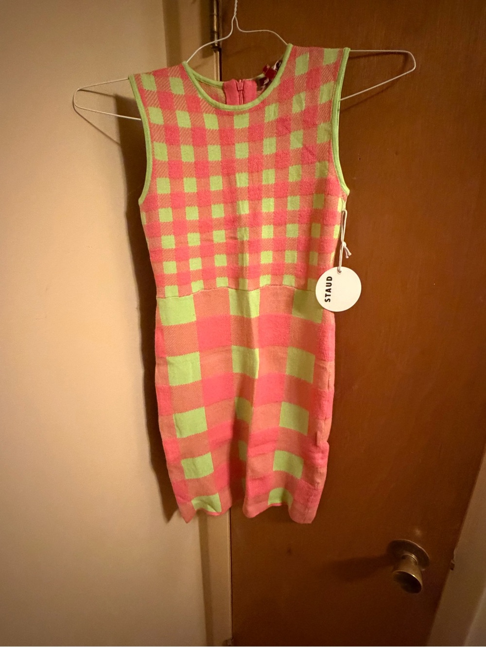 STAUD Pink and Lime Checkerboard Knit Midi Dress